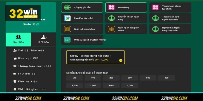 Các phương thức Nạp Tiền 32win phổ biến.